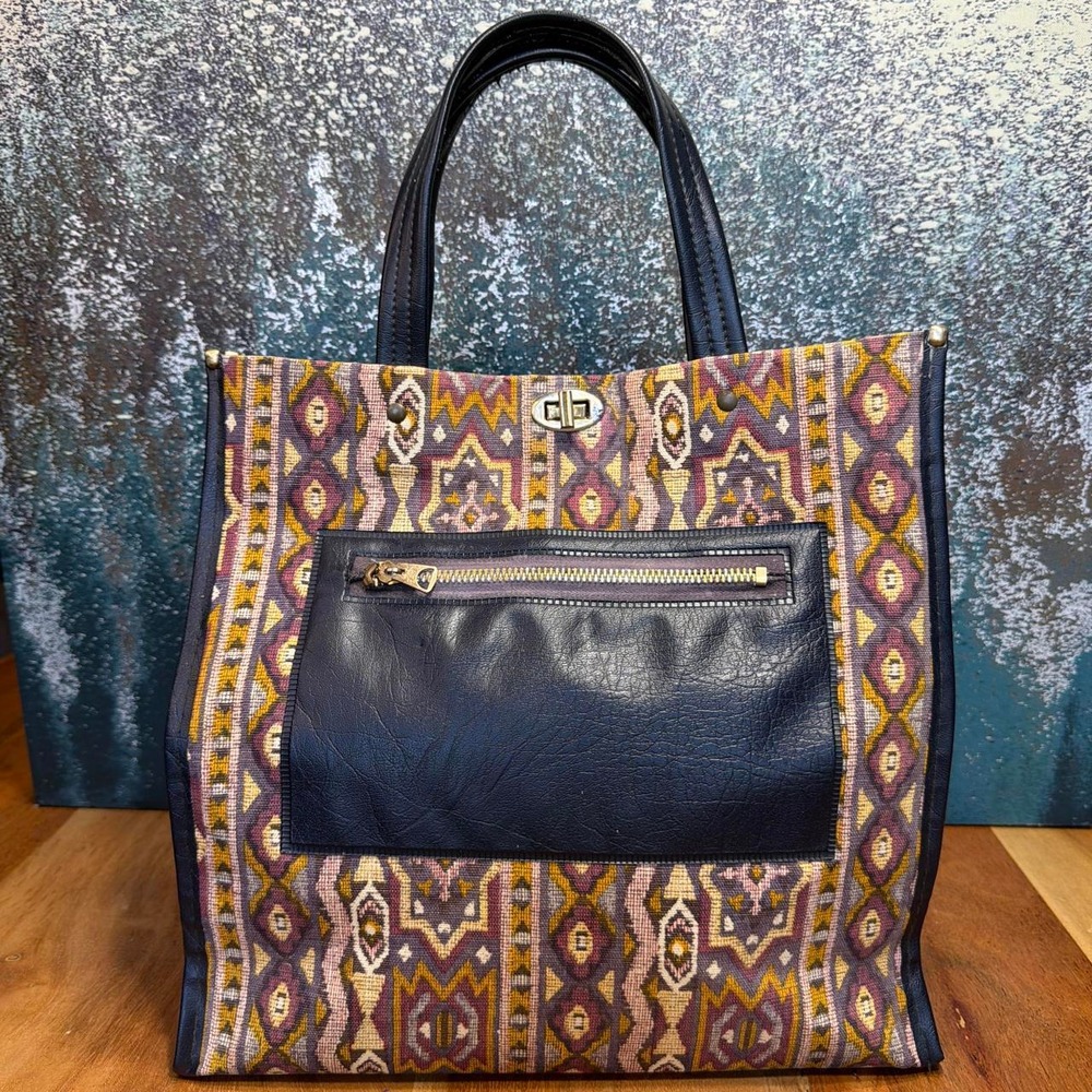 Vintage dark academia southwestern tapestry navy tote bag - Picture 2 of 8